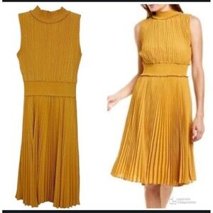 NWT Nanette Lepore Womens High Neck Pleated Smocked A-Line Dress Yellow 2